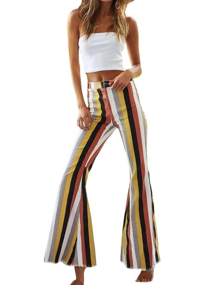 Multicolor Stripe Bell Bottom Pants In Red Multi 7832124325948