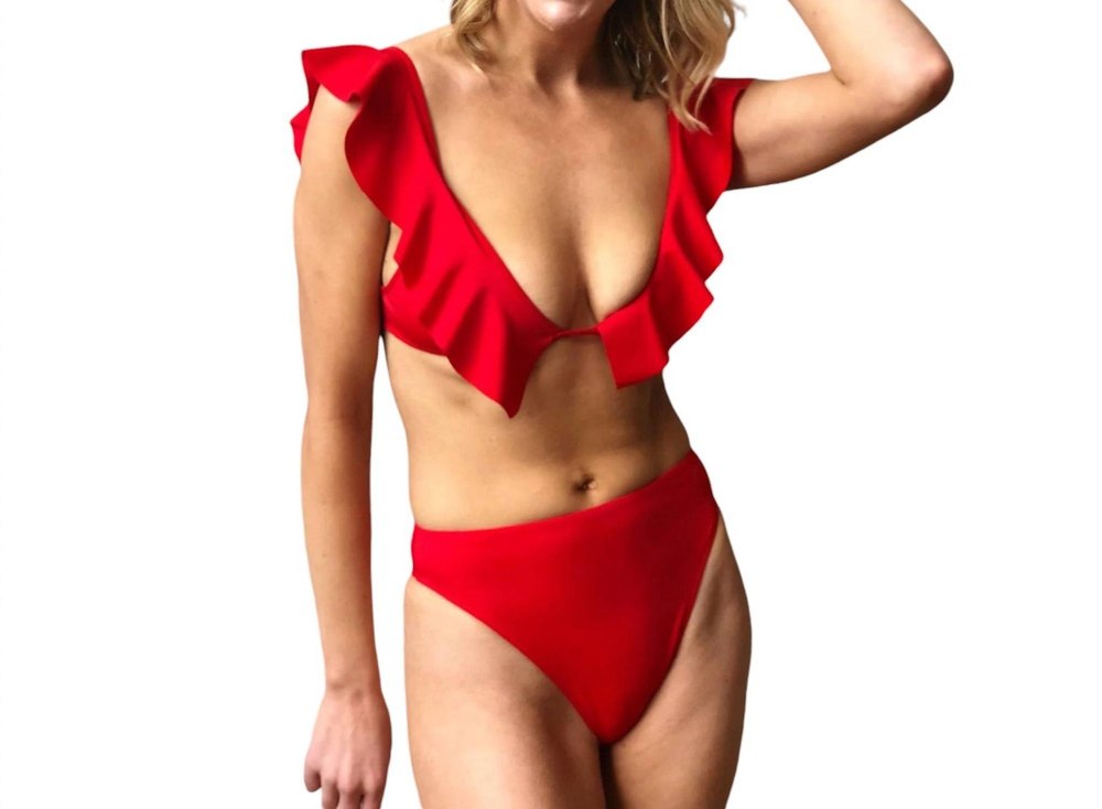 Solid High Waist Bikini Bottom In Red 7803881685052