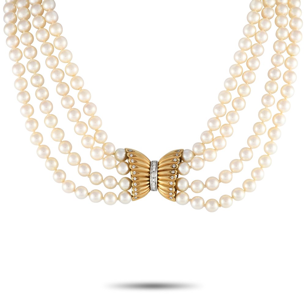 LB Exclusive 18K Yellow Gold 0.35ct Diamond 4-Strand Pearl Necklace MF33-031524