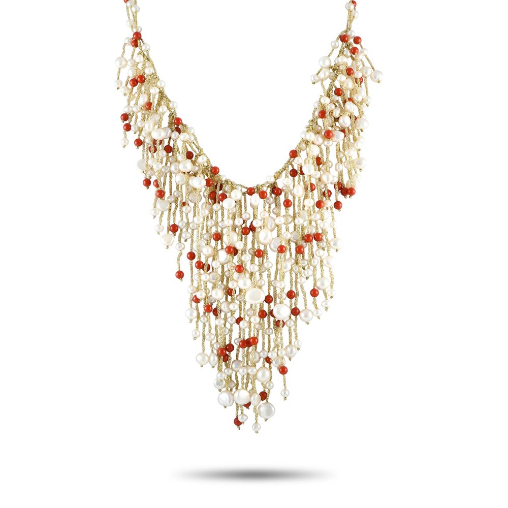 LB Exclusive 14K Yellow Gold Pearl and Coral Fringe Necklace MF03-021924