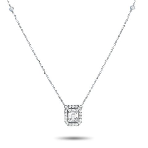 LB Exclusive 14K White Gold 0.85ct Diamond Cushion Halo Necklace PN15273