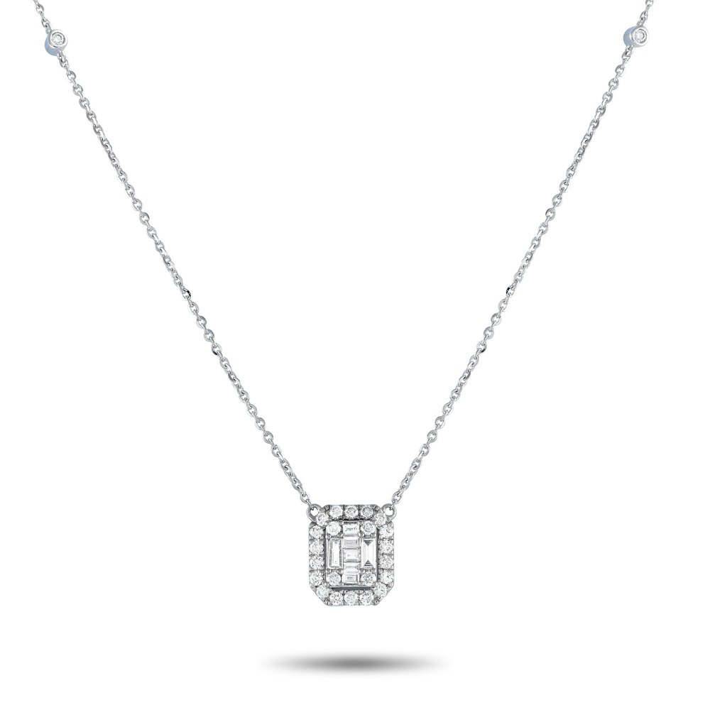 LB Exclusive 14K White Gold 0.85ct Diamond Cushion Halo Necklace PN15273