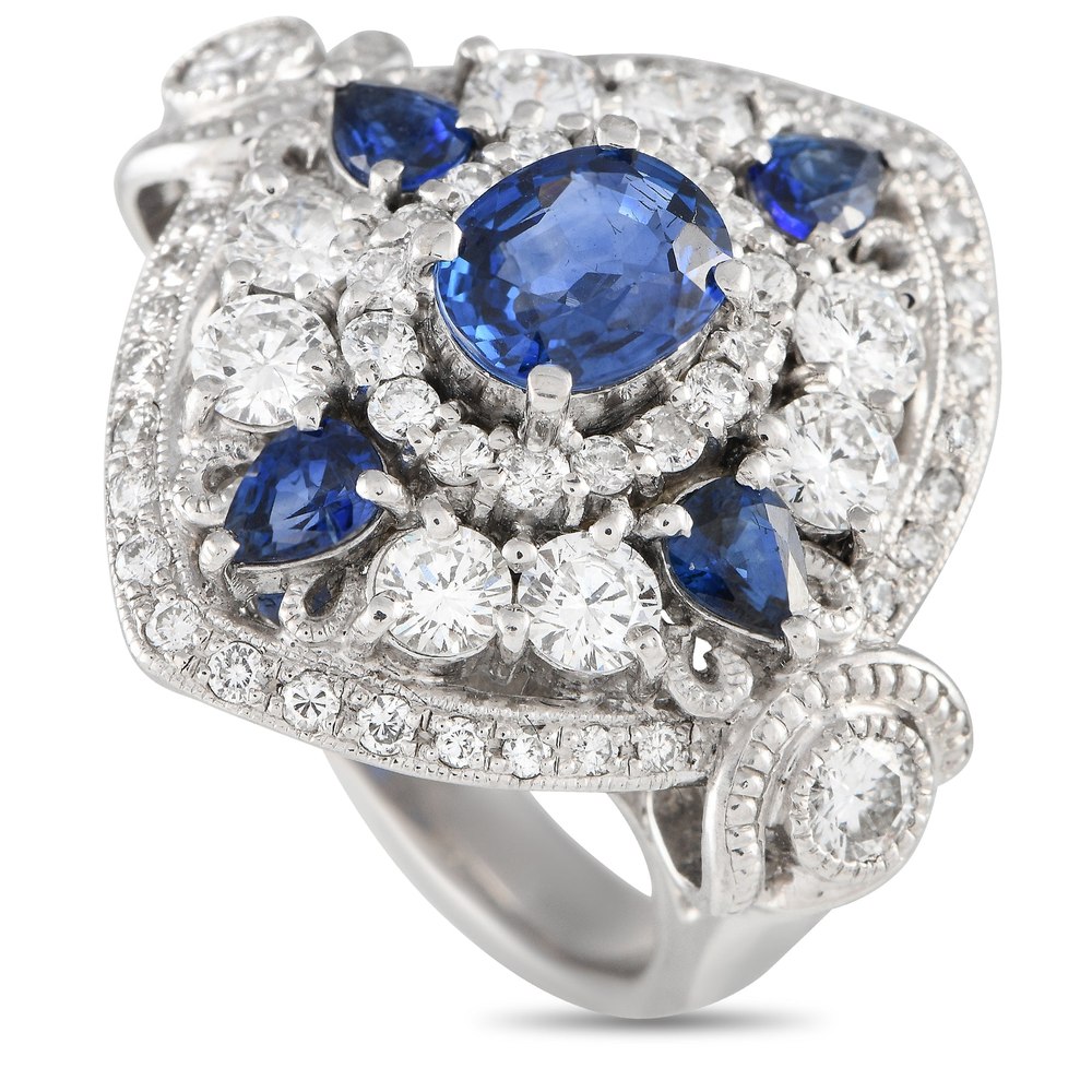 LB Exclusive 18K White Gold 1.02ct Diamond and Sapphire Art Deco Statement Ring MF04-012424