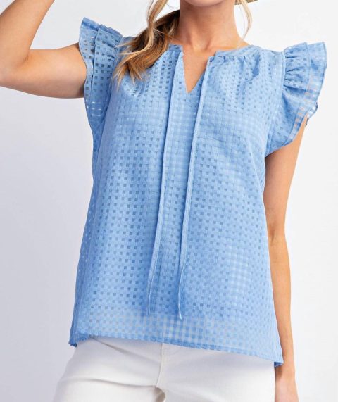 Wing Sleeve Square Pattern Top In Blue 7803886010428
