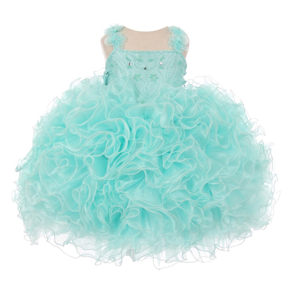 RainKids Baby Girls Aqua Beaded Cascade Ruffle Organza Pageant Dress 12-24M