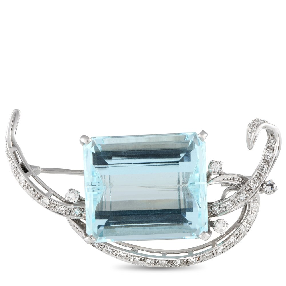 LB Exclusive 18K White Gold 0.55ct Diamond and Aquamarine Brooch MF26-012324