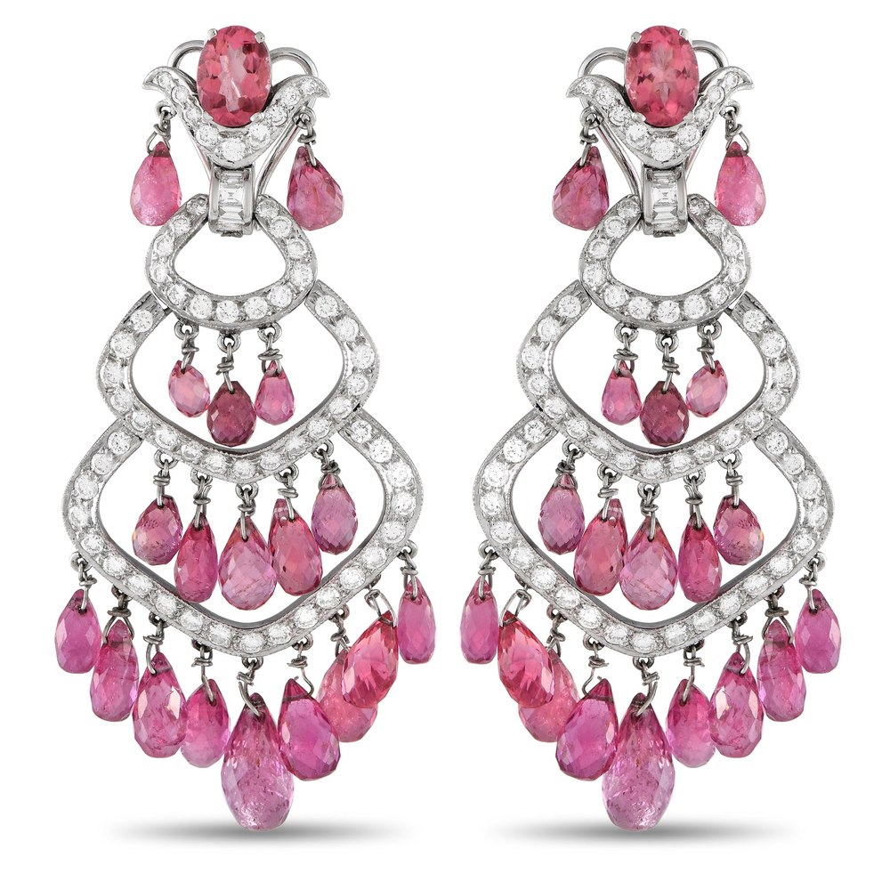 LB Exclusive 18K White Gold 2.65ct Diamond and Pink Tourmaline Chandelier Earrings MF06-013024