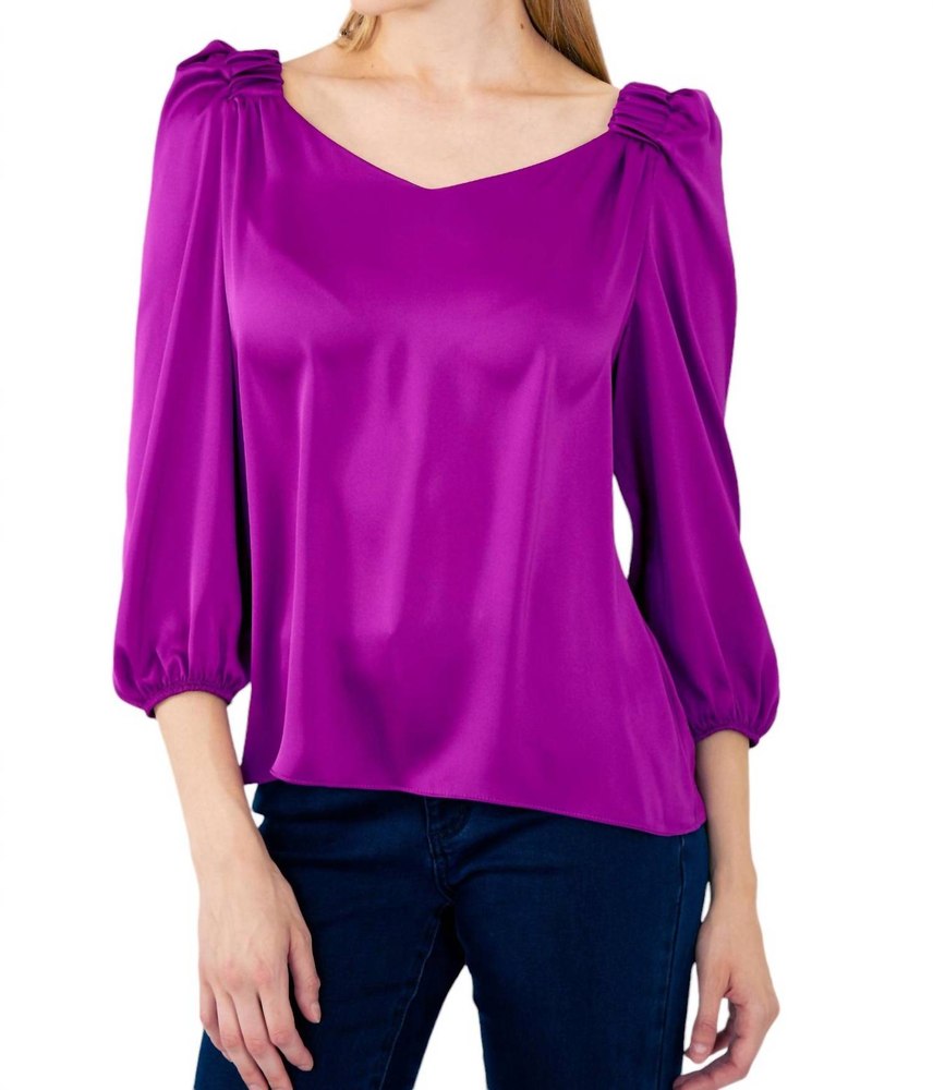 Satin Straight Top With Puff Sleeves In Empress 7803907637308