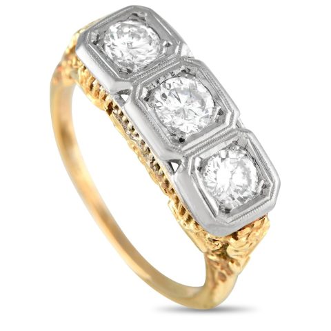 LB Exclusive Antique 14K Yellow Gold and White Gold 1.01ct Diamond Three-Stone Ring MF01-021924