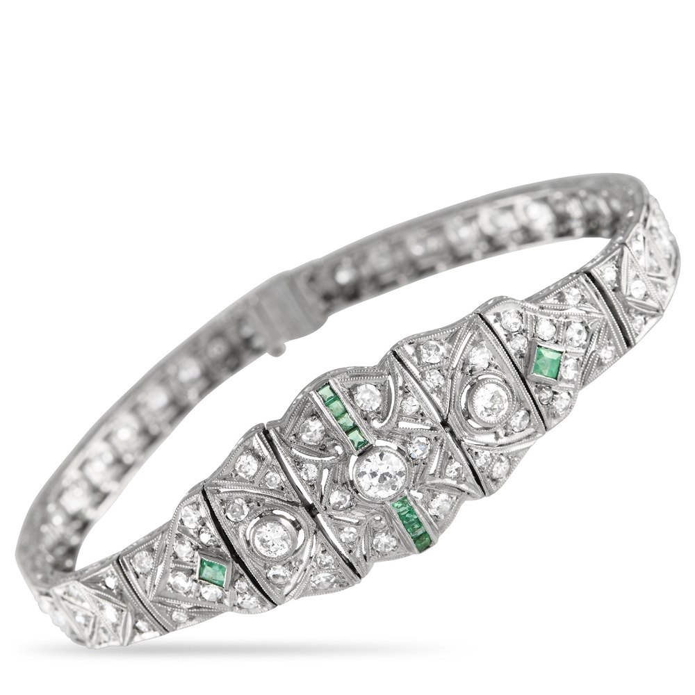 LB Exclusive Platinum 2.50ct Diamond and Emerald Art Deco Bracelet MF10-012924