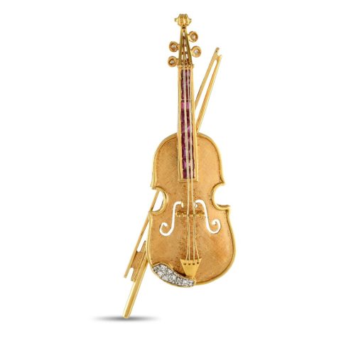 LB Exclusive 18K Yellow Gold 0.15ct Diamond and Ruby Violin Brooch MF37-012324