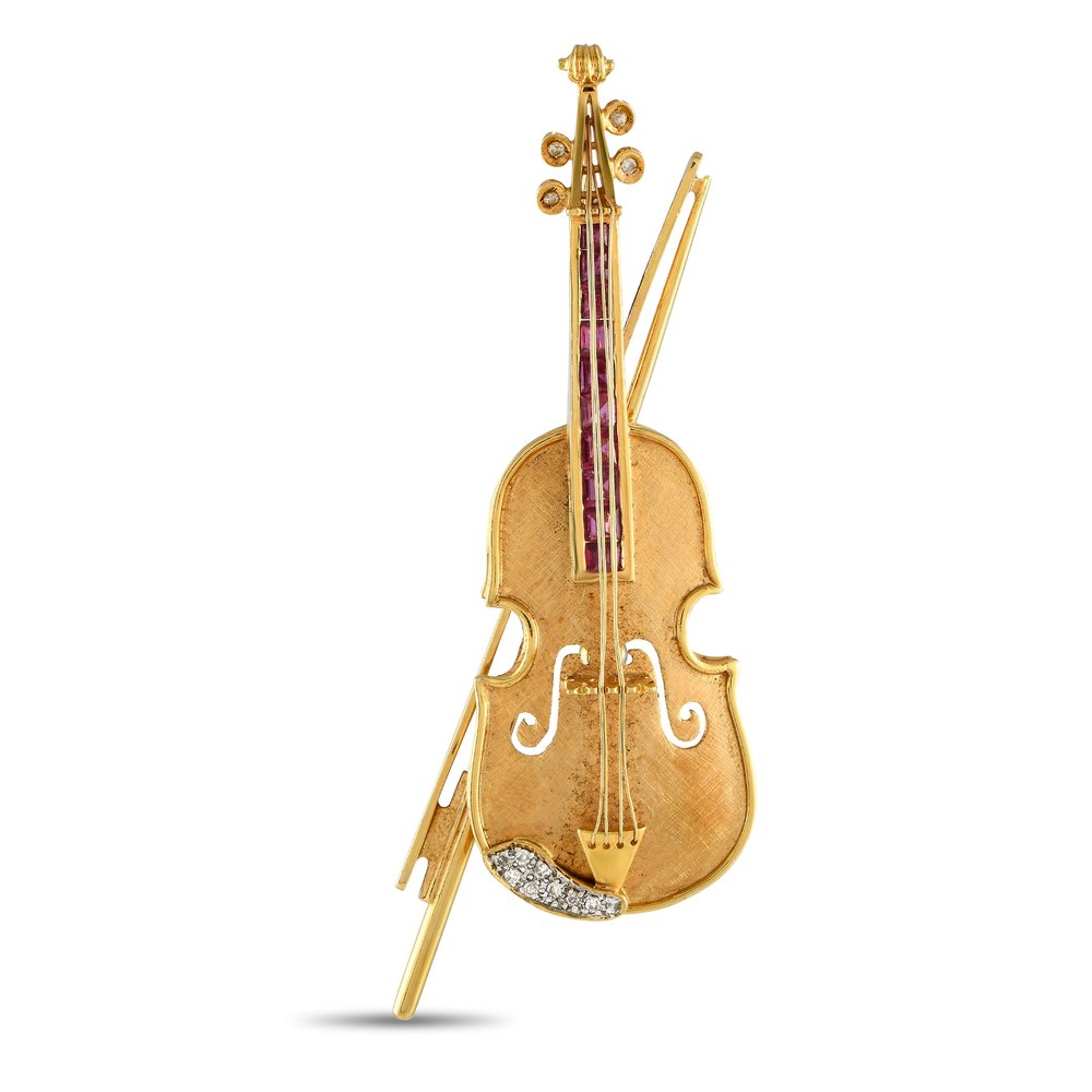 LB Exclusive 18K Yellow Gold 0.15ct Diamond and Ruby Violin Brooch MF37-012324
