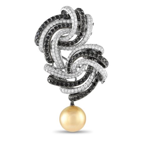 LB Exclusive 18K White Gold 6.75ct White and Black Diamond, Pearl Brooch MF07-020124