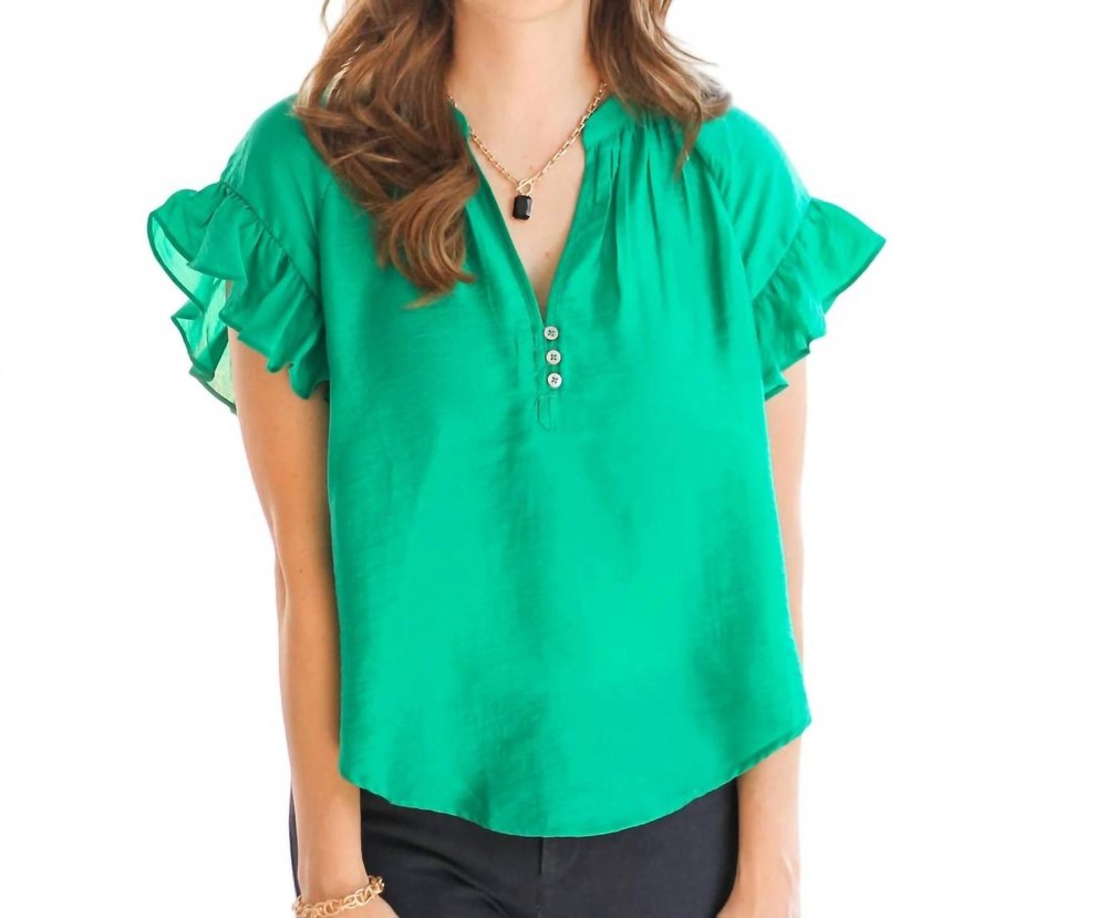Ruffle Short Sleeve Top In Emerald Green 7803915731004