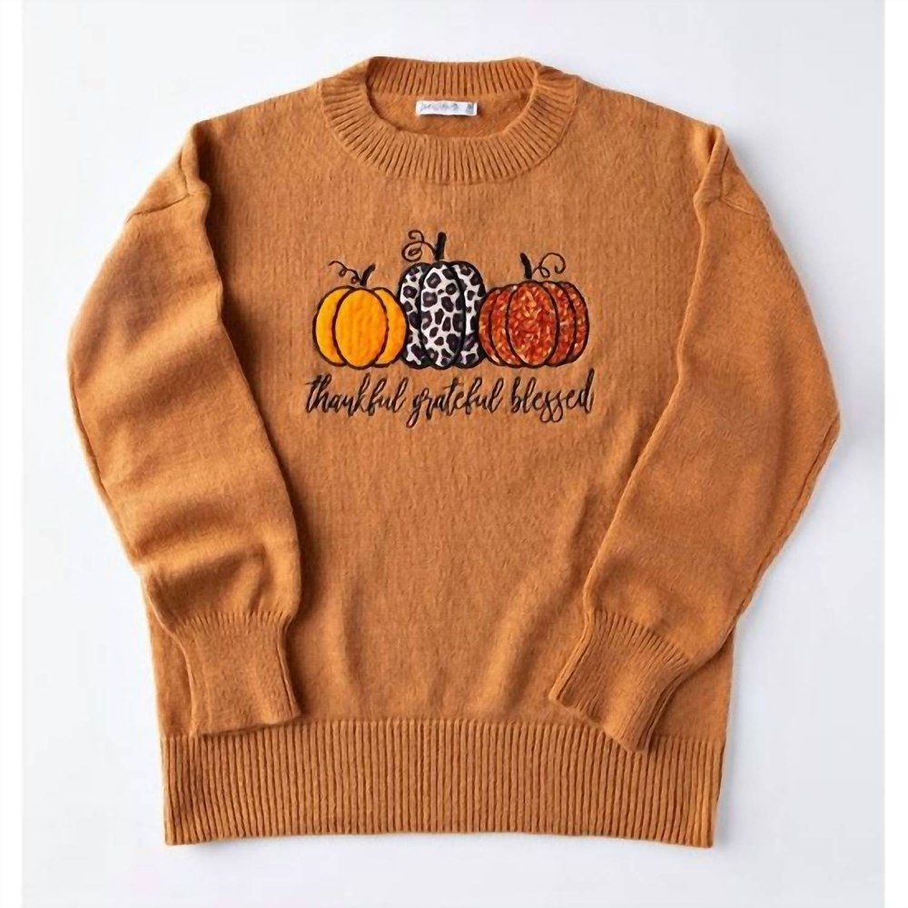 Women’s Grateful Thankful Blessed Embellished Sweater In Pumpkin 7803916156988