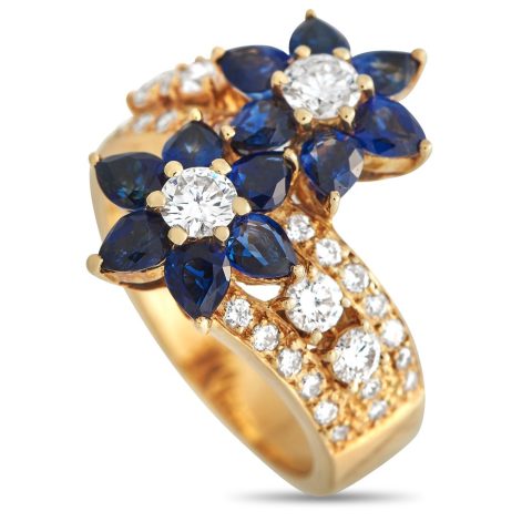 LB Exclusive 18K Yellow Gold 1.08ct Diamond and Sapphire Flower Ring MF12-030724