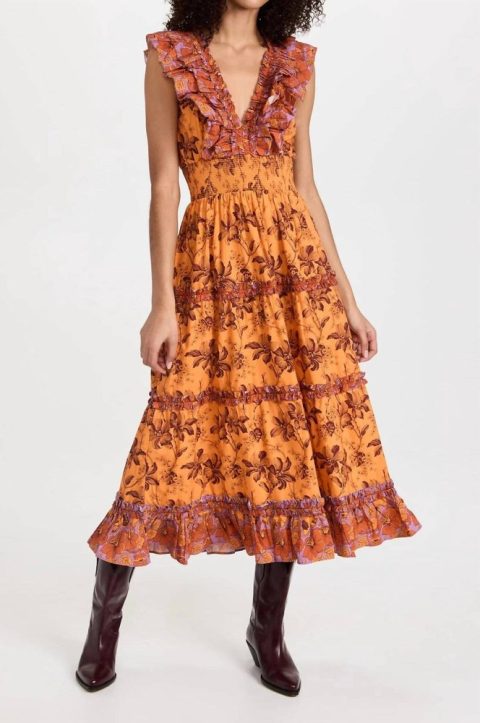 Azalea Ruffled Midi Dress In Beryl Mango Print