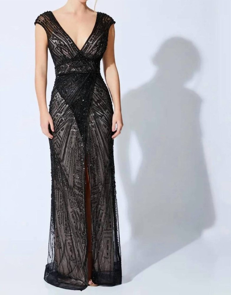 Beaded Tulle Sleeveless Dress In Black