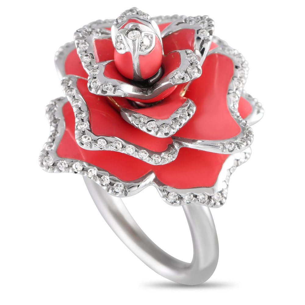 Roberto Coin 18K White Gold 0.55ct Diamond Enamel Red Rose Statement Ring RC02-040124
