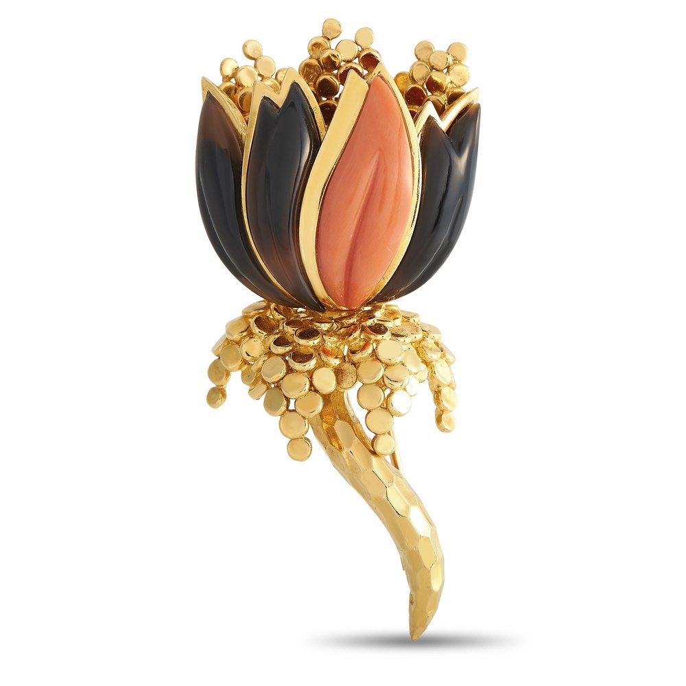 Wander France 18K Yellow Gold Citrine and Coral Flower Brooch WF09-013024