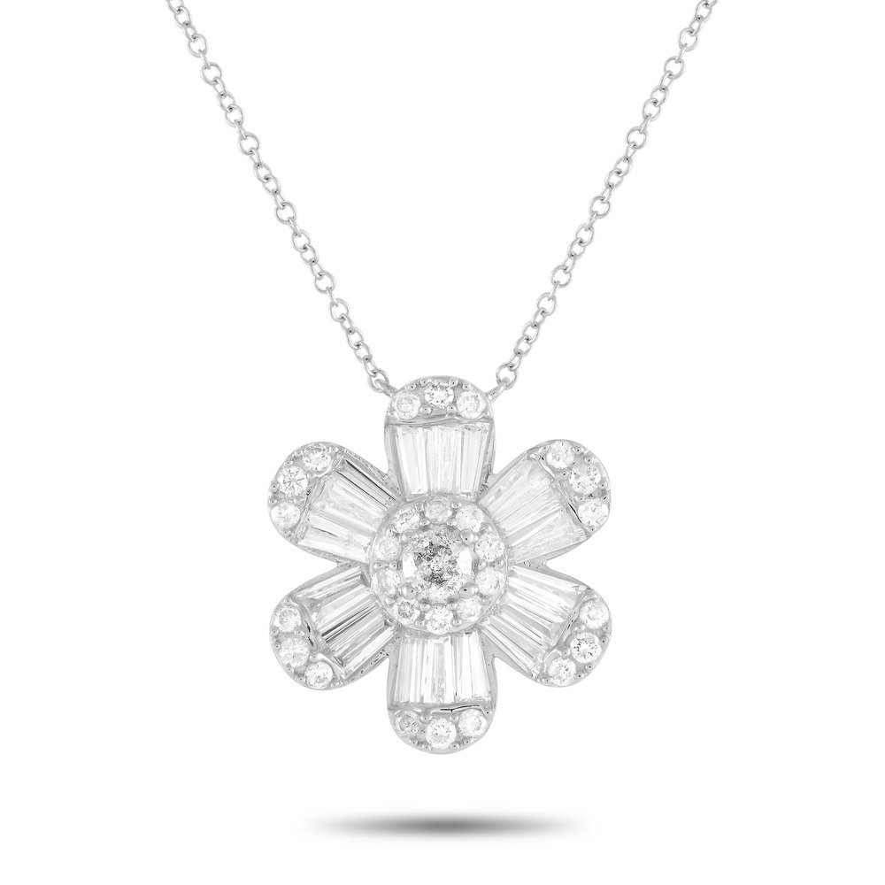LB Exclusive 14K White Gold 1.20ct Diamond Flower Necklace PN14994