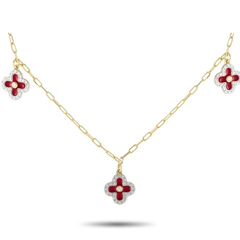 LB Exclusive 14K Yellow Gold 0.25ct Diamond and Red Enamel Three Flower Necklace NK01431