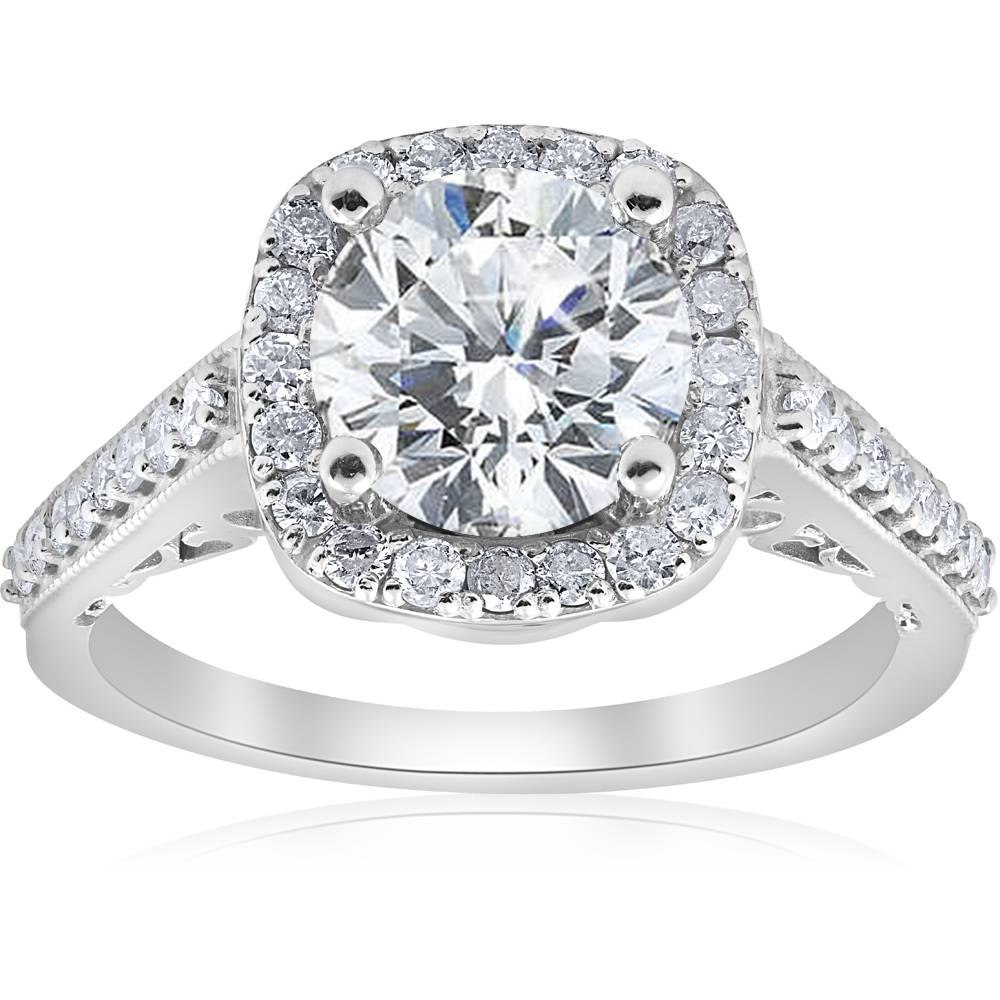 3 ct Diamond Cushion Halo Vintage Engagement Ring 14k White Gold Lab Grown