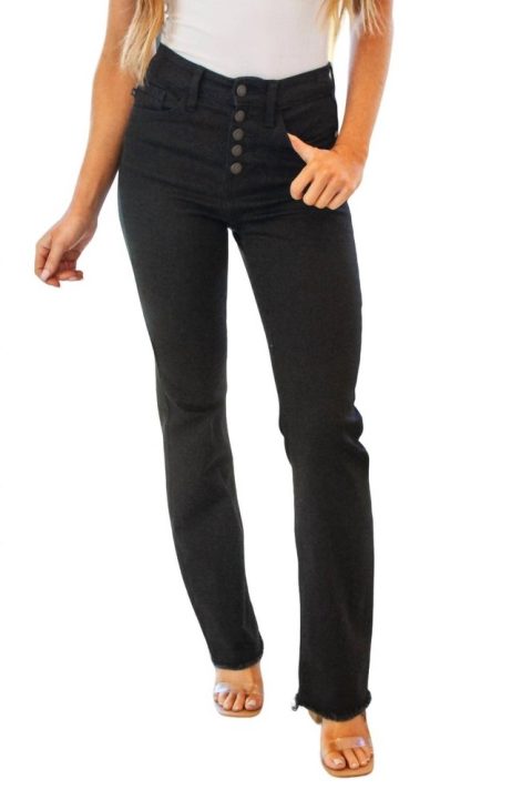 High Rise Button Fly Bootcut Jeans In Black 7703652597820