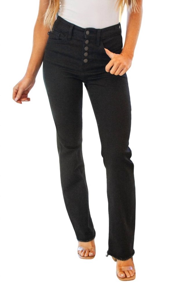 High Rise Button Fly Bootcut Jeans In Black 7703652597820