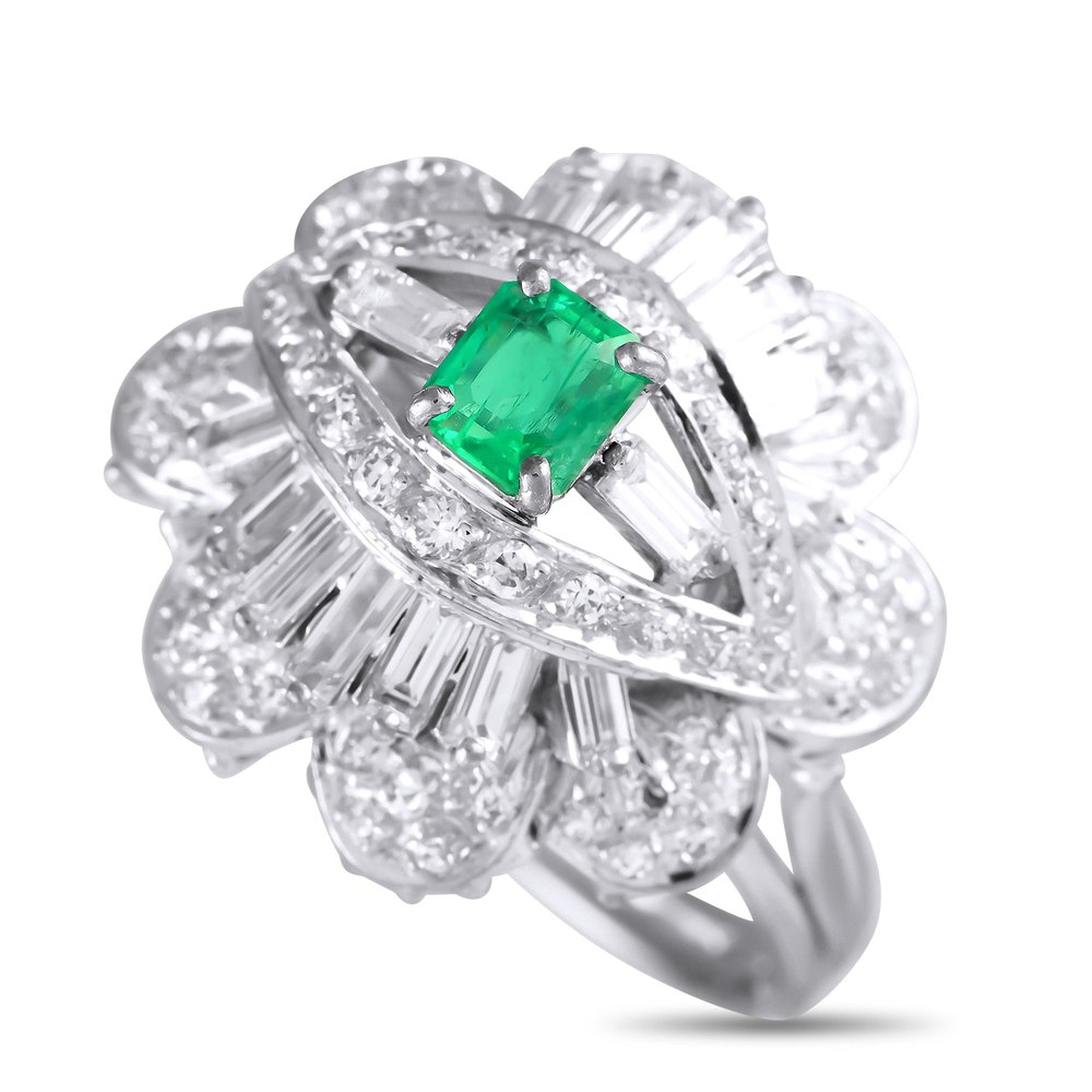 LB Exclusive 18K White Gold 1.30ct Diamond and Emerald Ring MF05-020124