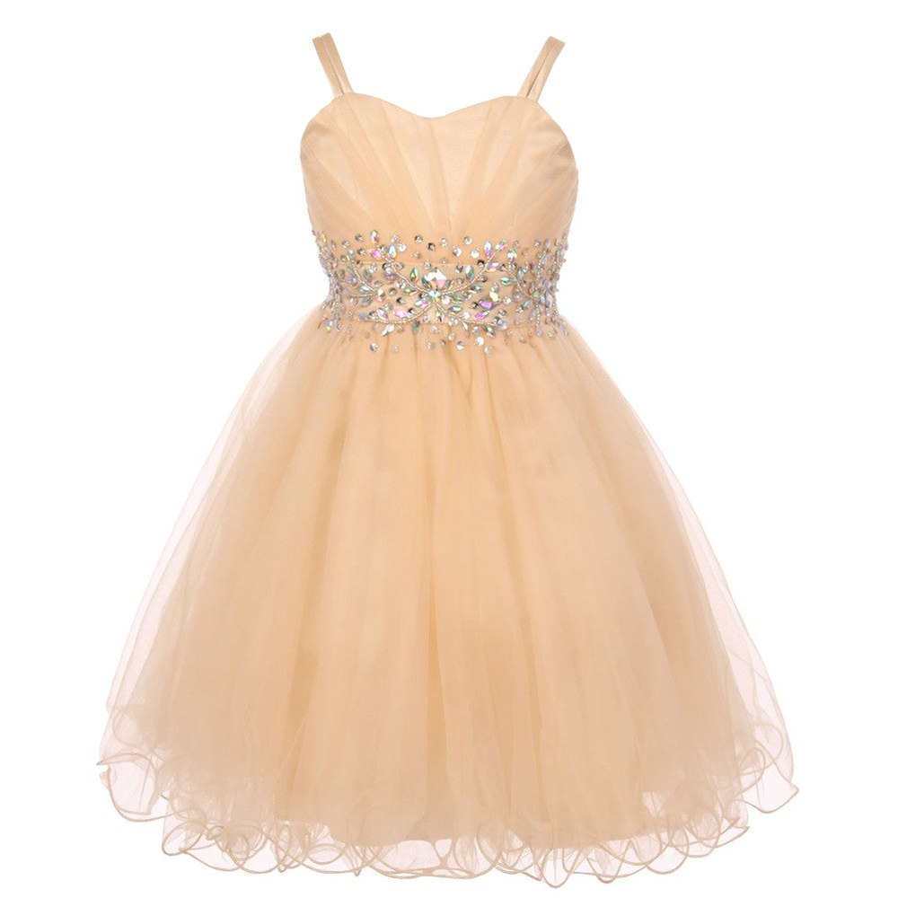 Big Girls Champagne Stone Encrusted Pleated Tulle Junior Bridesmaid Dress 8-16