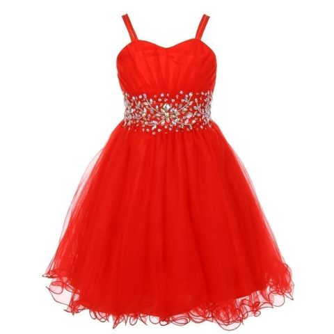 Little Girls Red Stone Encrusted Pleated Tulle Party Dress 2-6