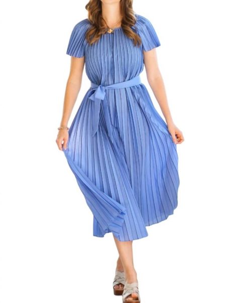 Pleated Dress With Bow In Blue/black 7803956330556