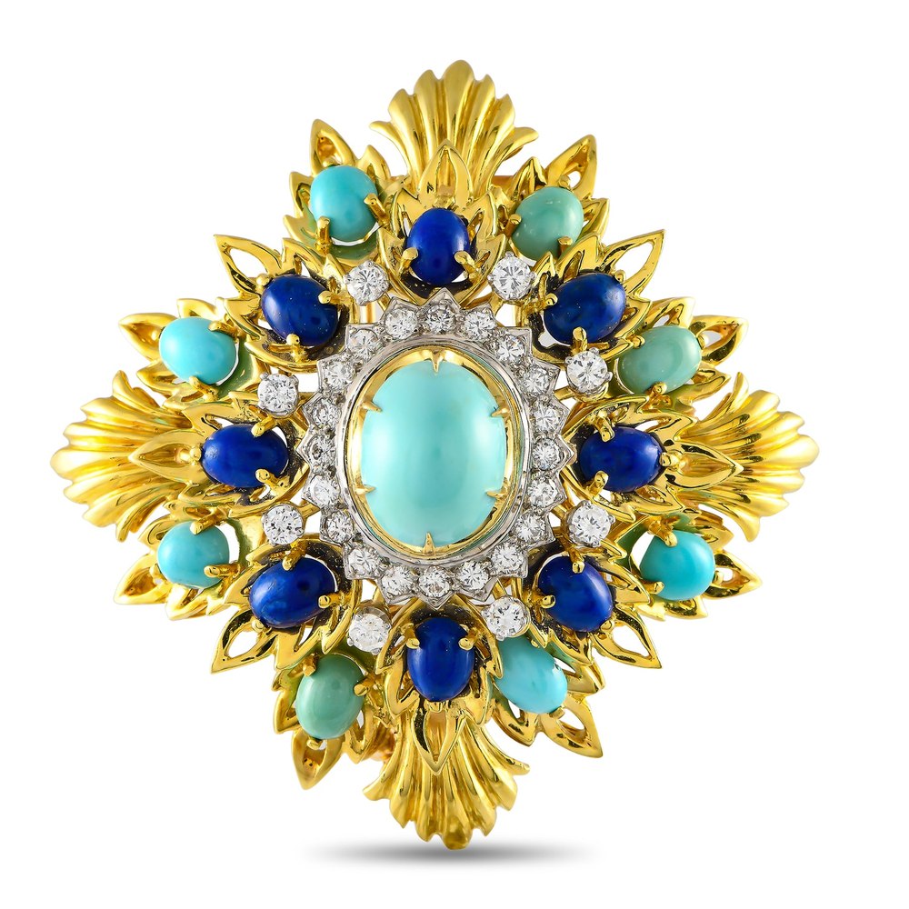 Montclair 18K Yellow Gold 1.76ct Diamond, Lapis, and Turquoise Brooch MT09-032824