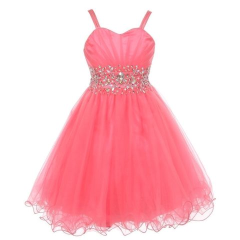 Little Girls Coral Stone Encrusted Pleated Tulle Party Dress 2-6