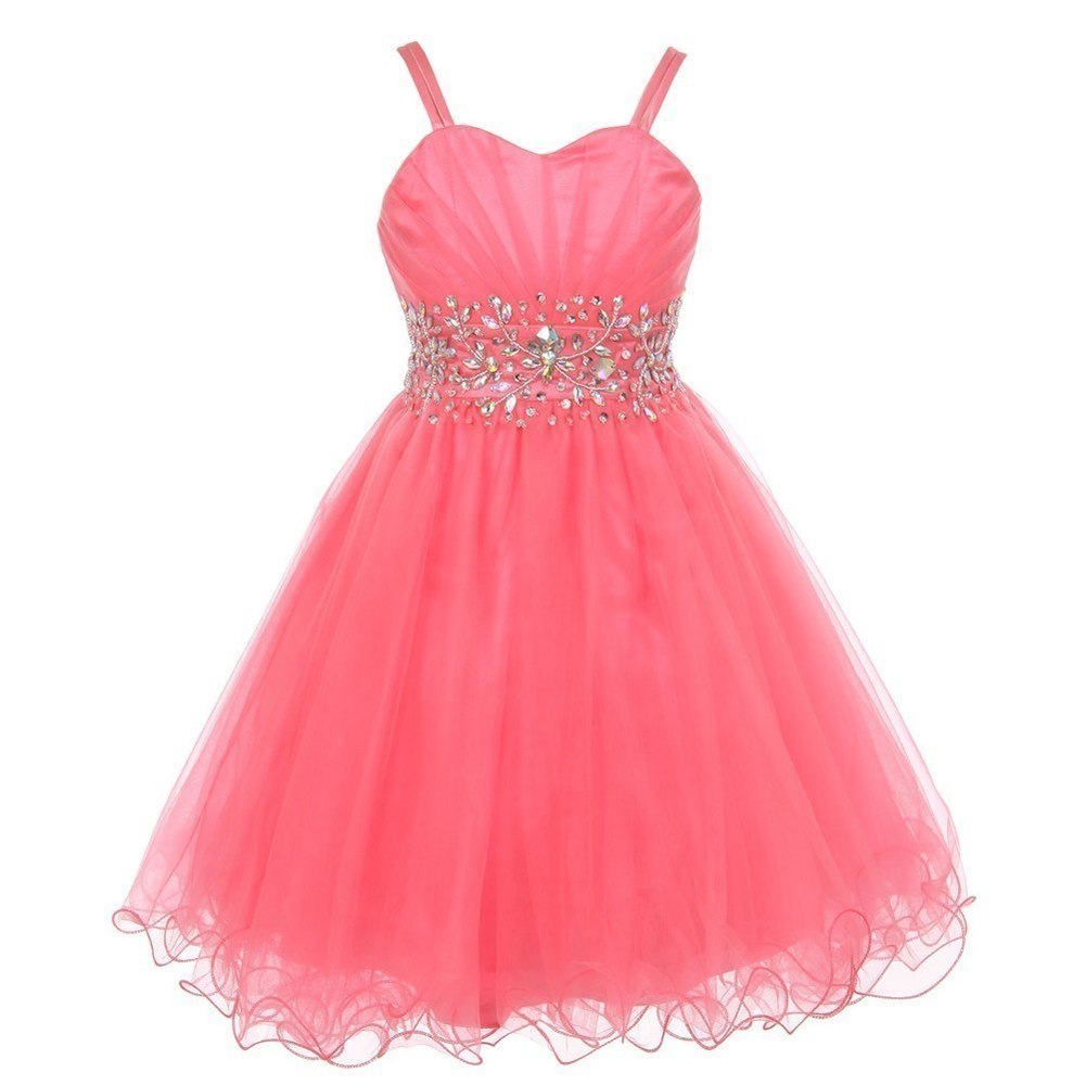 Little Girls Coral Stone Encrusted Pleated Tulle Party Dress 2-6