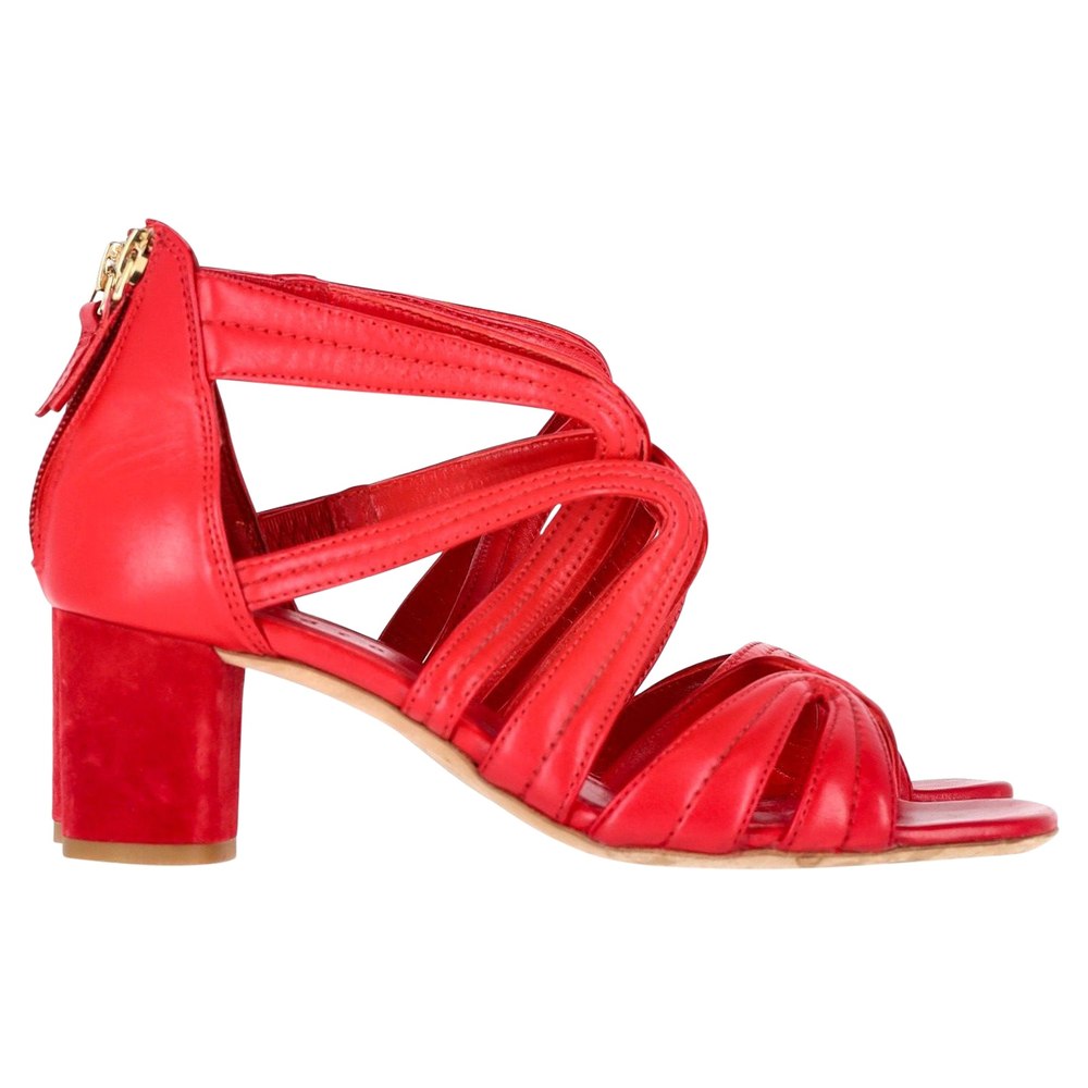 Sandro Block Heel Sandals in Red Leather