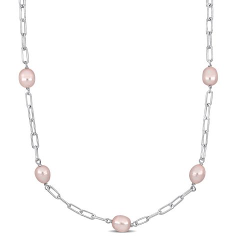 Mimi & Max 8-9mm Pink Cultured Freshwater Pearl Station Necklace in Sterling Silver – 18+2 in
