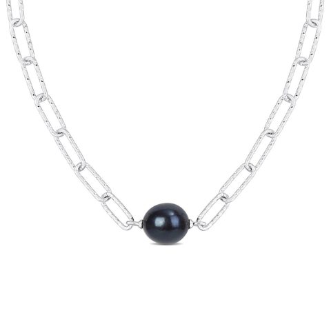 Mimi & Max 11-12mm Black Cultured Freshwater Baroque Pearl Paperclip Necklace in Sterling Silver – 16+2 in