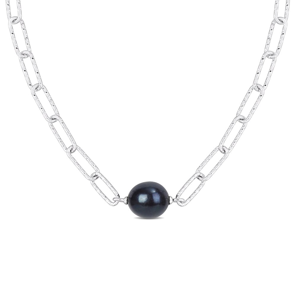 Mimi & Max 11-12mm Black Cultured Freshwater Baroque Pearl Paperclip Necklace in Sterling Silver – 16+2 in