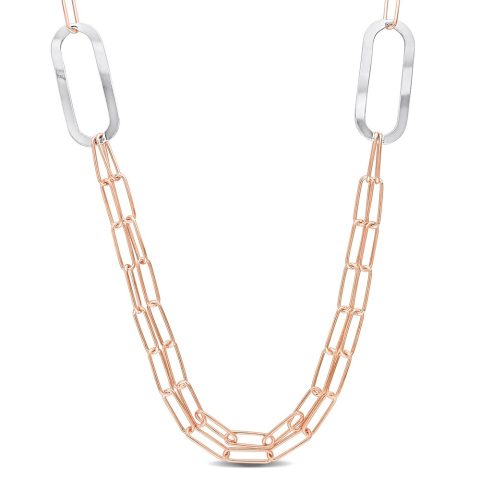 Mimi & Max Two-Tone Paperclip Chain Necklace in Rose Plated Sterling Silver – 37 in