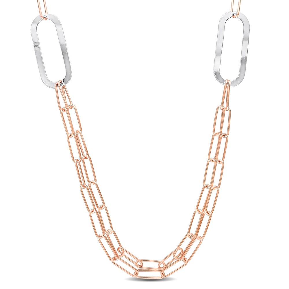 Mimi & Max Two-Tone Paperclip Chain Necklace in Rose Plated Sterling Silver – 37 in