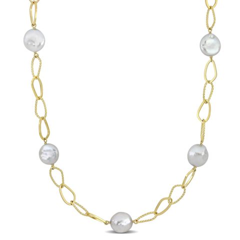 Mimi & Max 14-15mm Cultured Freshwater Coin Pearl Station Chain Necklace in Yellow Silver – 36 in