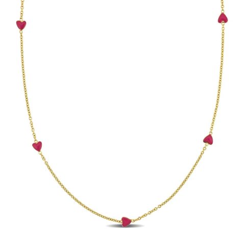 Mimi & Max Pink Enamel Heart Station Necklace in 14k Yellow Gold – 15 in