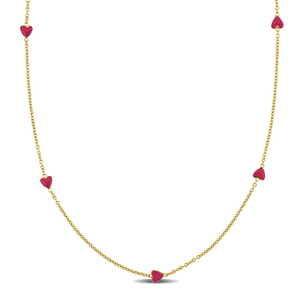 Mimi & Max Pink Enamel Heart Station Necklace in 14k Yellow Gold – 15 in