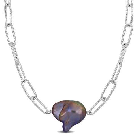 Mimi & Max 13-14mm Grey Cultured Freshwater Baroque Pearl Paperclip Necklace in Sterling Silver – 16+2 in