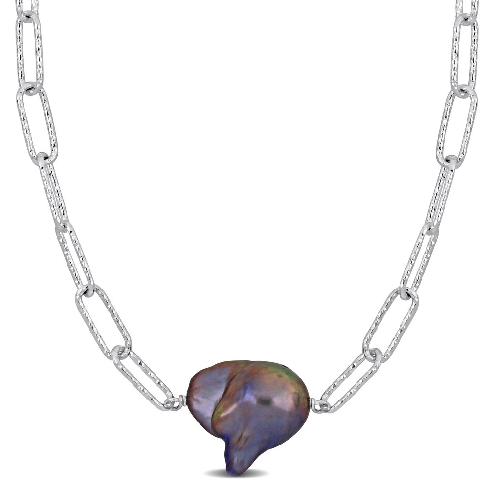 Mimi & Max 13-14mm Grey Cultured Freshwater Baroque Pearl Paperclip Necklace in Sterling Silver – 16+2 in