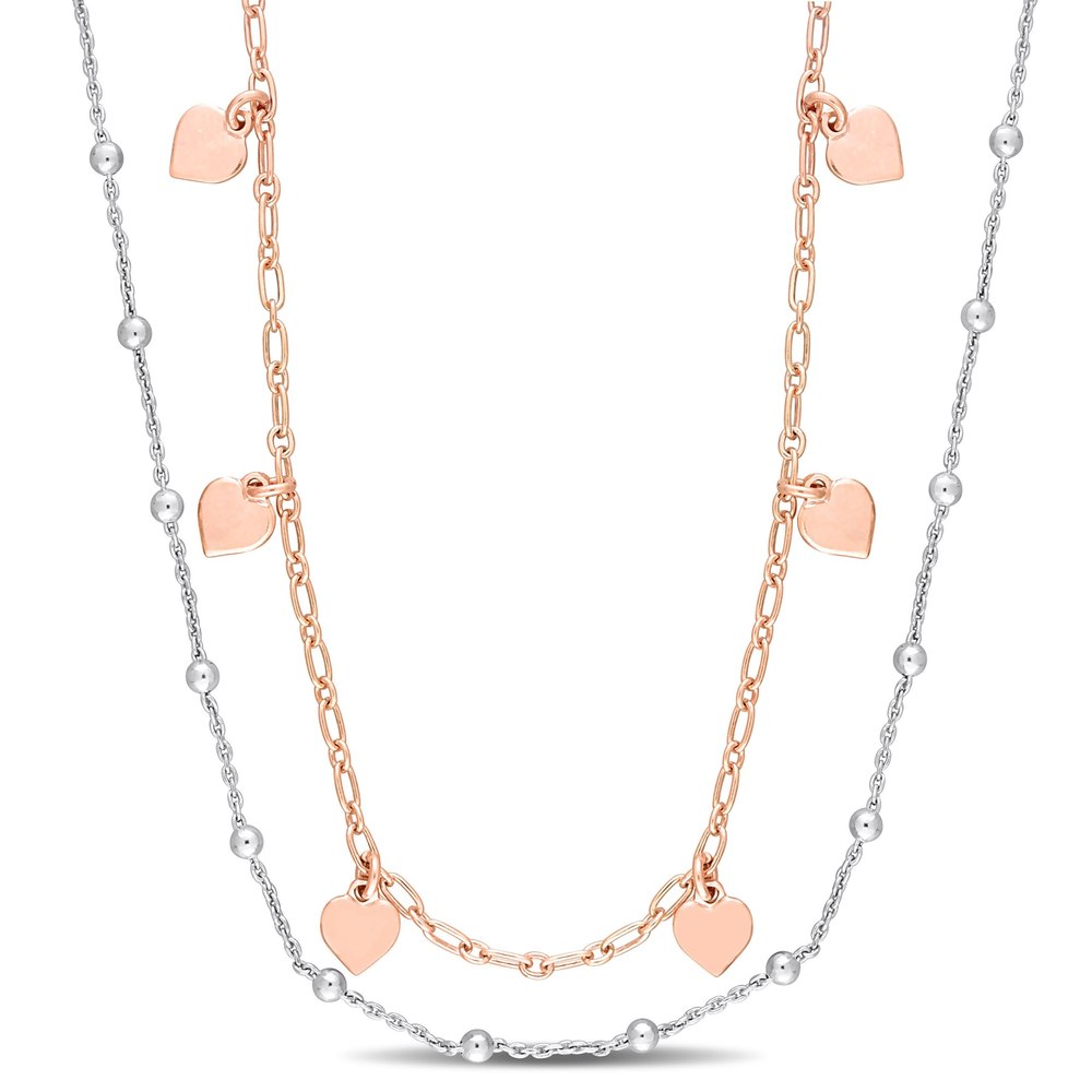 Mimi & Max Two-Tone Heart and Ball Bead Chain Necklace in Rose Plated Sterling Silver – 19.5 in