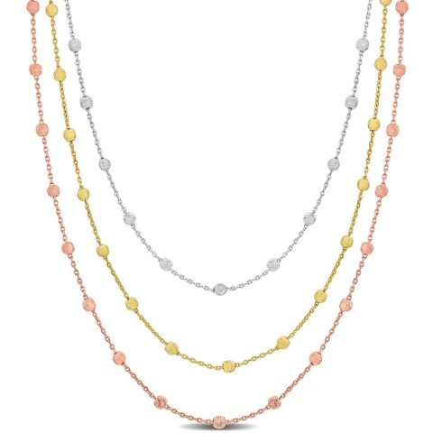 Mimi & Max 3-Strand Ball Station Necklace in 3-Tone Rose Yellow and White Sterling Silver – 16+2 in