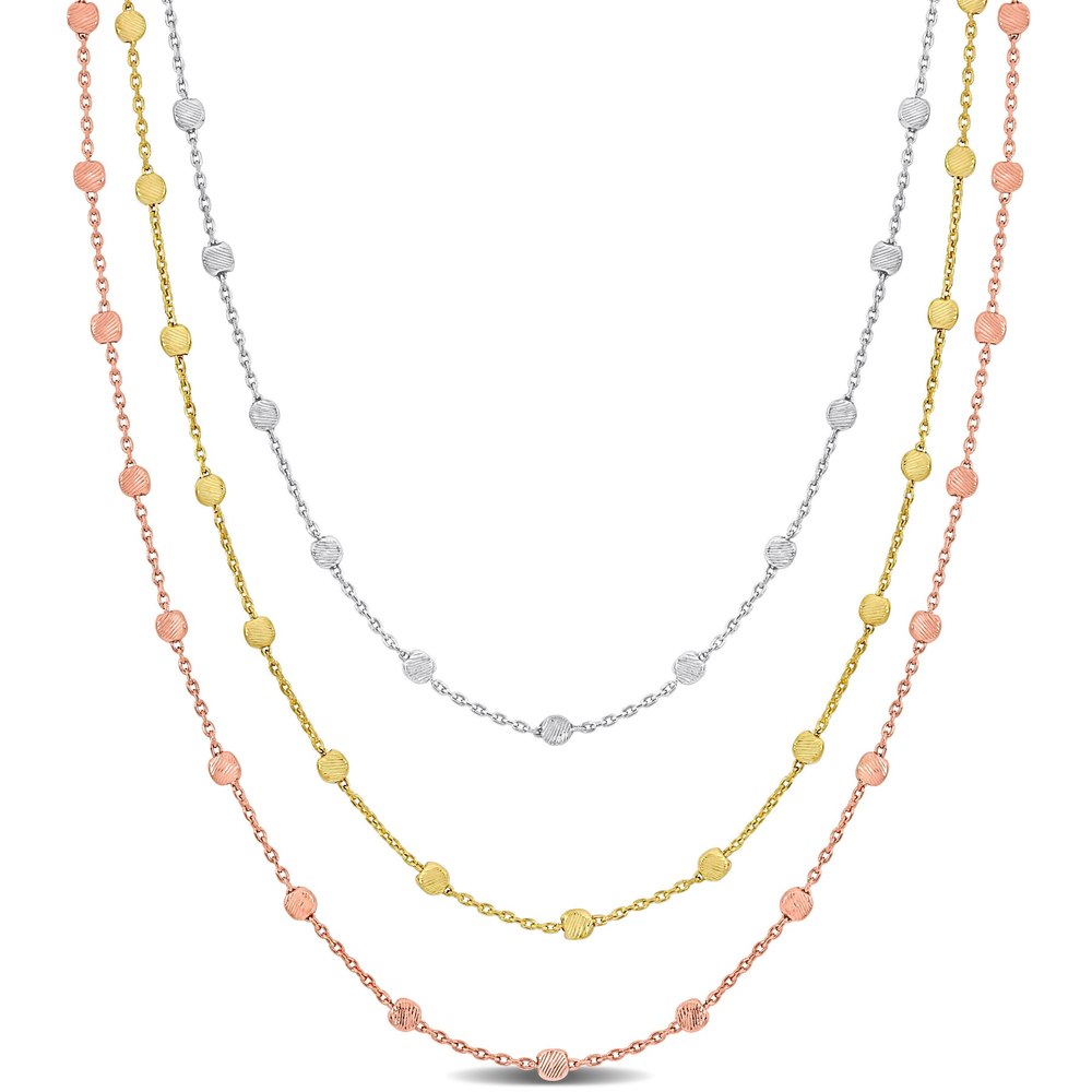 Mimi & Max 3-Strand Ball Station Necklace in 3-Tone Rose Yellow and White Sterling Silver – 16+2 in